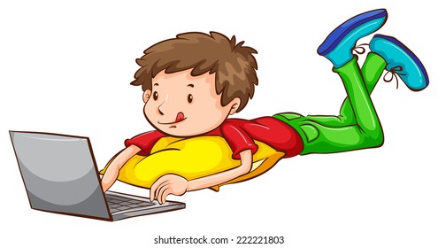 Illustration of a coloured sketch of a boy using a laptop on a white background 
