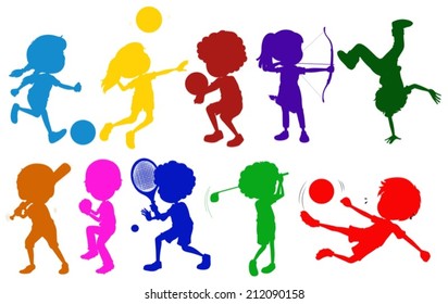 Illustration of the coloured sketches of kids playing with the different sports on a white background