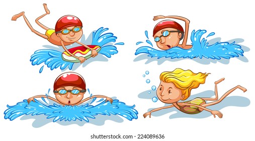 Illustration of the coloured sketches of people swimming on a white background 