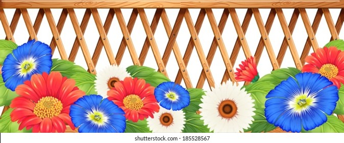 Illustration of the colourfl flowers near the wooden fence