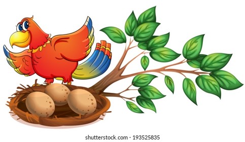 Illustration of a colourful bird at the branch of a tree with a nest on a white background