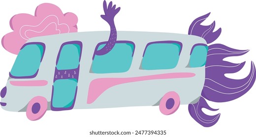 Ilustración de un autobús colorido con una mano saludando. Un dibujo para vacaciones, aventuras y viajes de vacaciones en autobús.