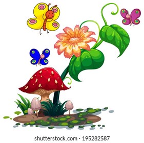 Illustration of the colourful butterflies surrounding the plants on a white background