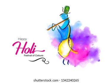 illustration of colourful Holi indian festival celebration with lord krishna vector drawing