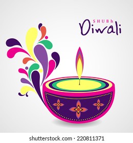 Illustration of colourful illuminated oil lit lamp with beautiful decoration on grey background.