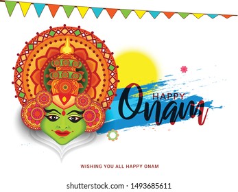 illustration of a colourful Kathakali face with heavy crown decorated with pearls and stone on grungy colourful background for Onam celebration.