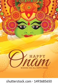 illustration of a colourful Kathakali face with heavy crown decorated with pearls and stone on grungy colourful background for Onam celebration.