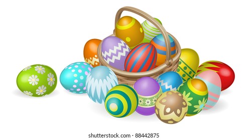 Illustration of colourful painted Easter eggs in a wicker basket