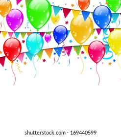 Illustration colourful party balloons, confetti with space for text - vector