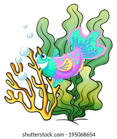 Illustration of a colourful smiling fish under the sea on a white background
