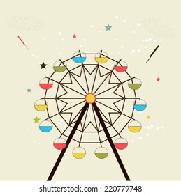 Illustration of a colourful swing with crackers and stars on dotted background.