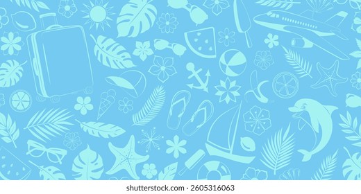 Illustration combines many elements such as lush palm leaves, tropical flowers, airplane, dolphin, sun, suitcase, and other travel symbols, all in harmonious shades of light blue.