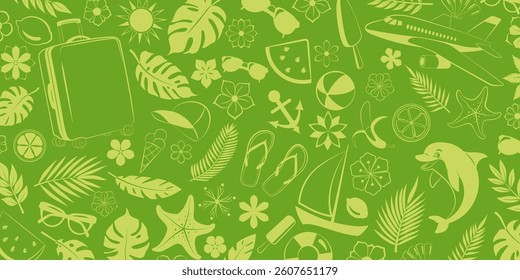 Illustration combines many elements such as lush palm leaves, tropical flowers, airplane, dolphin, sun, suitcase, and other travel symbols, all in harmonious shades of green.