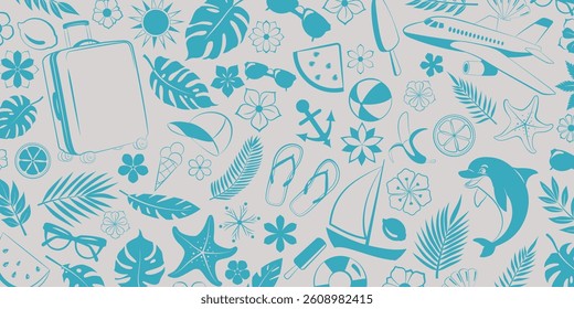 Illustration combines many elements such as lush palm leaves, tropical flowers, airplane, dolphin, sun, suitcase, and other travel symbols, all in harmonious shades of light blue.