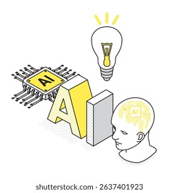 An illustration combining the word “AI”, a human head, circuit chip, and a light bulb. It represents artificial intelligence and human inspiration.