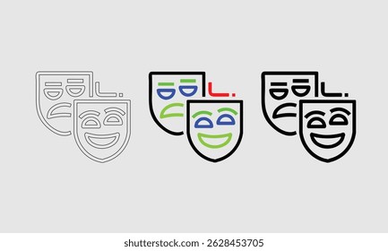 Ilustração de máscaras de teatro de comédia e tragédia em desenhos variados, simbolizando as artes teatrais. Representa drama, expressões e a clássica dualidade das emoções humanas na atuação