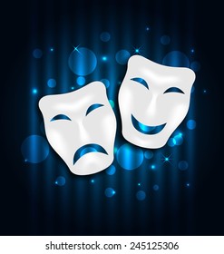 Illustration comedy and tragedy theatre masks on blue shimmering  background - vector