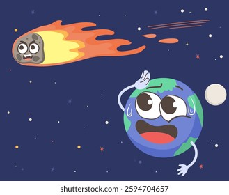 Illustration of a comet flying through space close to planet Earth. Relieved planet avoiding his destruction