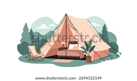 Illustration of a comfortable bell tent set up in a forest clearing with a bed inside and a chair outside.