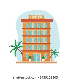 Illustration with a comfortable modern hotel on a background of palm trees. Vector illustration.