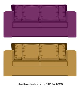Illustration of comfortable purple and camel color sofa isolated on white background