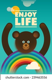 Illustration of comic bear with rainbow. Vector illustration.
