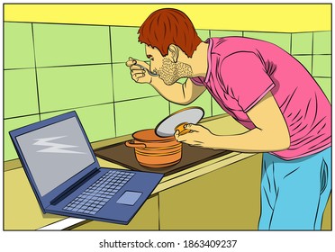 Illustration eines Comic-Buchmanns, der Suppe aus der Pfanne probiert, während er in der Küche steht. Schauen Sie sich online einen Kochkurs an. Kochen zu Hause.