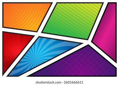 the illustration of comic book page horizontal background with six colorful frames, rays, radial, dotted, stripped, square and halftone effects in pop art style colors