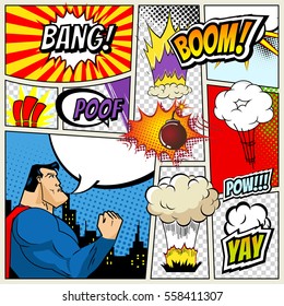 Illustration Of Comic Book Page In Pop Art Style With Superhero, Speech Bubbles And Comic Strip On Colorful Halftone. Bang And Boom Sound. City Silhouette