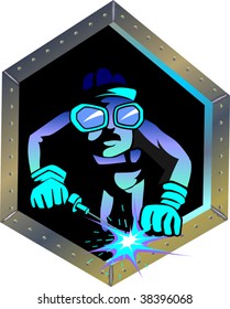 Illustration of a comic character welding in the site	
