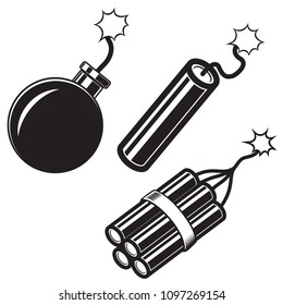 Illustration of comic style bomb, dynamite sticks. Design element for poster, card, banner, flyer. Vector image Vector de stock