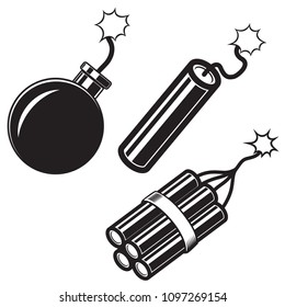Illustration of comic style bomb, dynamite sticks. Design element for poster, card, banner, flyer. Vector image