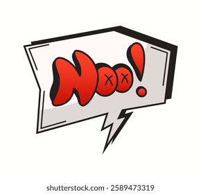 Illustration of comic style speech bubble featuring bold red text inside. The dramatic expression emphasizes emotion commonly used in pop art and comics.