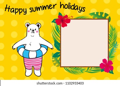 Illustration of comical and cute polar bear characters and 
Summer greeting card design of resort image