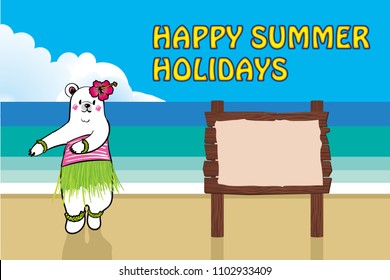Illustration of comical and cute polar bear characters and 
Summer greeting card design of resort image