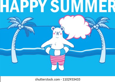 Illustration of comical and cute polar bear characters and 
Summer greeting card design of resort image