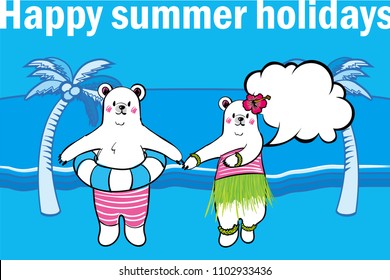 Illustration of comical and cute polar bear characters and 
Summer greeting card design of resort image