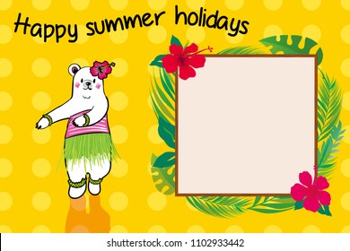 Illustration of comical and cute polar bear characters and 
Summer greeting card design of resort image