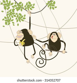 Illustration of comical monkeys and banana.