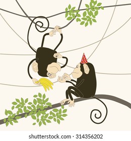 Illustration of comical monkeys and bananas.