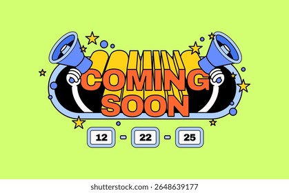 Illustration of a "Coming Soon" announcement with bold typography, two hands holding megaphones, and a stylized date panel