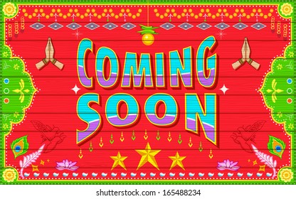 illustration of Coming Soon background in Indian truck paint style