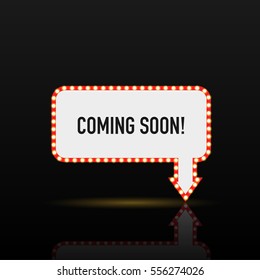 Illustration of a Coming Soon sign with light bulbs against a dark background.