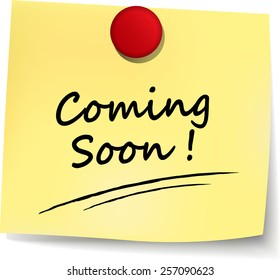illustration of coming soon yellow note on white background
