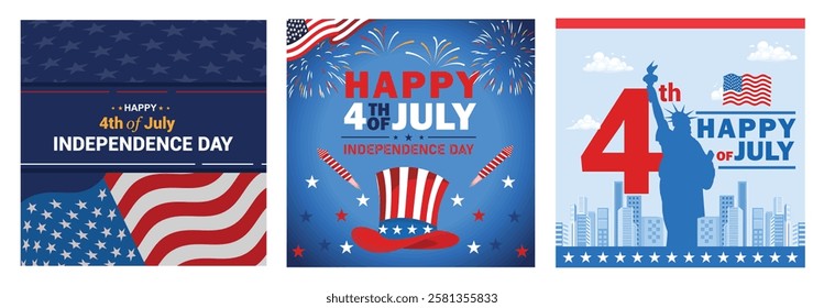 Illustration commemorating US Independence Day with flags, fireworks and patriotic elements. Suitable for festive events and national themes. Independence Day USA concept.