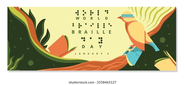 An illustration commemorating World Braille Day depicts a blindfolded bird reading braille on a branch, surrounded by nature.