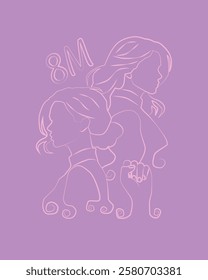 Illustration in commemoration of International Women's Day. Female silhouettes united in a linear design, representing strength and the fight for equality. Purple background.