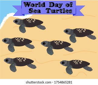Illustration for the commemoration of the world day of sea turtles, baby turtles going to the ocean