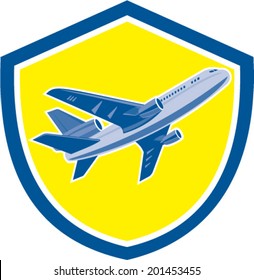 Illustration of a commercial airplane jet plane airliner flying moving up on set inside shield crest isolated background done in retro style.