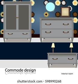 Illustration of a commode and cupboard in the room interior.